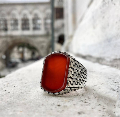 Gental Gems by Karat Kings | Unique Turkish  Style Ring with Natural Red Agate |  Sterling Silver Oxidized Ring