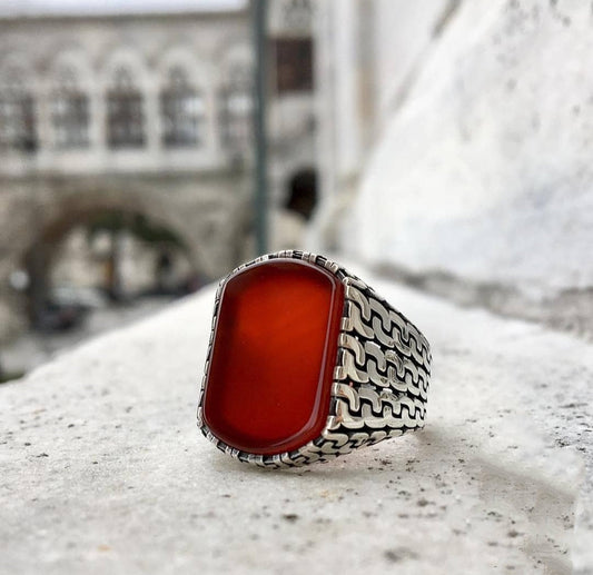 Gental Gems by Karat Kings | Unique Turkish Gucci Style Ring with Natural Red Agate |  Sterling Silver Oxidized Ring | Men's Jewelry | With Certificate of Authenticity and  Hallmark
