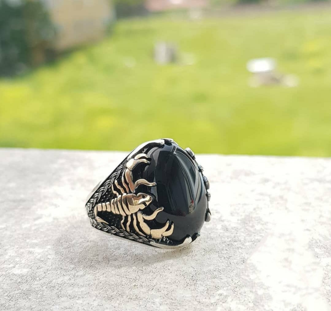 Gental Gems by Karat Kings | Unique Turkish Style Scorpion Ring with Natural Black Onyx (Cabochon) |  Sterling Silver Oxidized Zodiac Ring