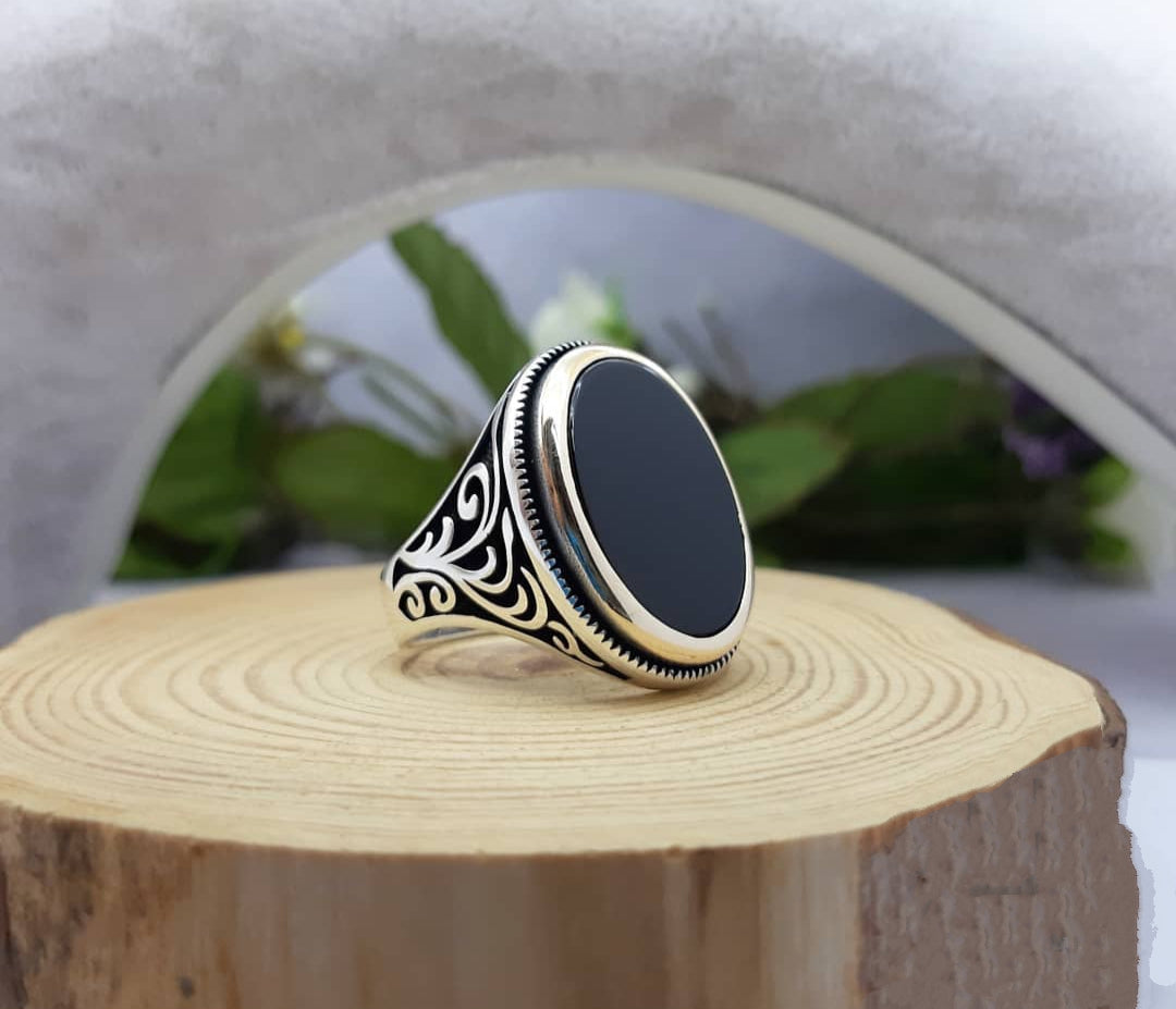 Gental Gems by Karat Kings | Unique Turkish Style Ring with Natural Black Onyx  |  Sterling Silver Oxidized Ring