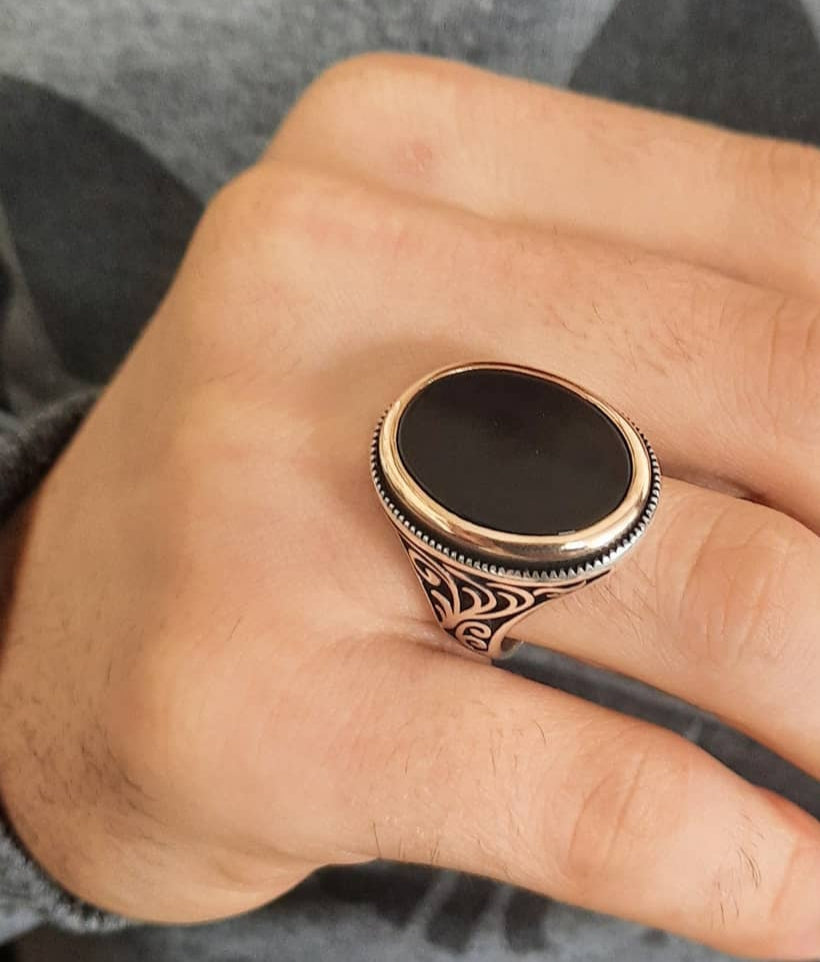 Gental Gems by Karat Kings | Unique Turkish Style Ring with Natural Black Onyx  |  Sterling Silver Oxidized Ring