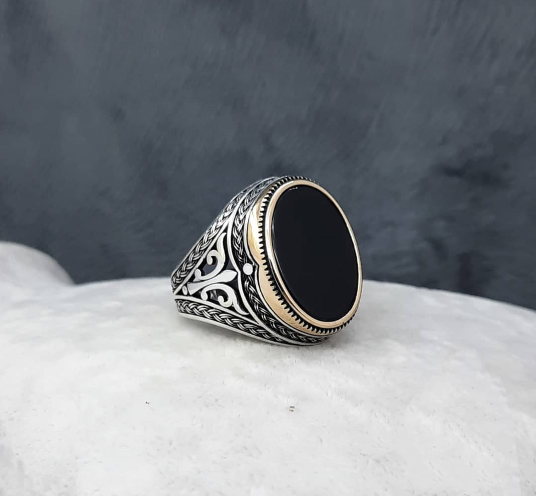 Gental Gems by Karat Kings | Unique Turkish Style Ring with Natural Black Onyx |  Sterling Silver Oxidized Ring | Men's Jewelry | With Certificate of Authenticity and  Hallmark