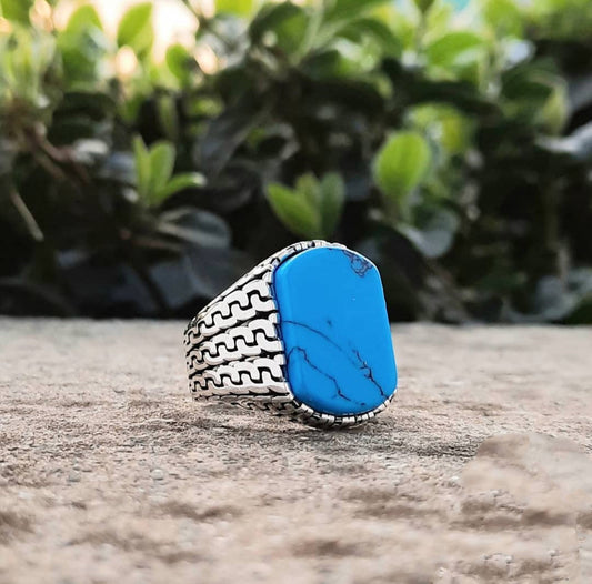 Gental Gems by Karat Kings | Unique Turkish Gucci Style Ring with Natural Irani Turquoise (Firoza) |  Sterling Silver Oxidized Ring | Men's Jewelry | With Certificate of Authenticity and  Hallmark