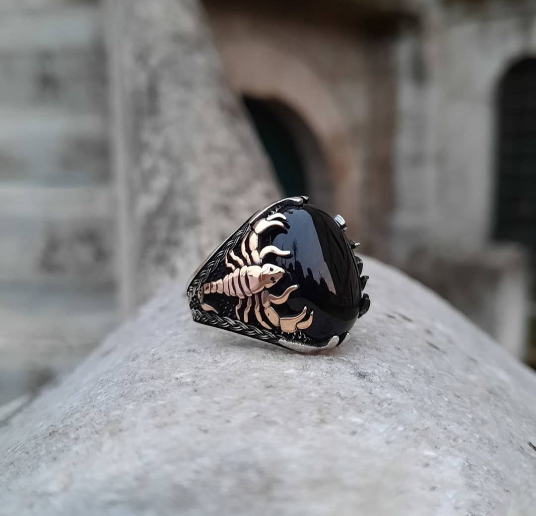 Gental Gems by Karat Kings | Unique Turkish Style Scorpion Ring with Natural Black Onyx (Cabochon) |  Sterling Silver Oxidized Zodiac Ring