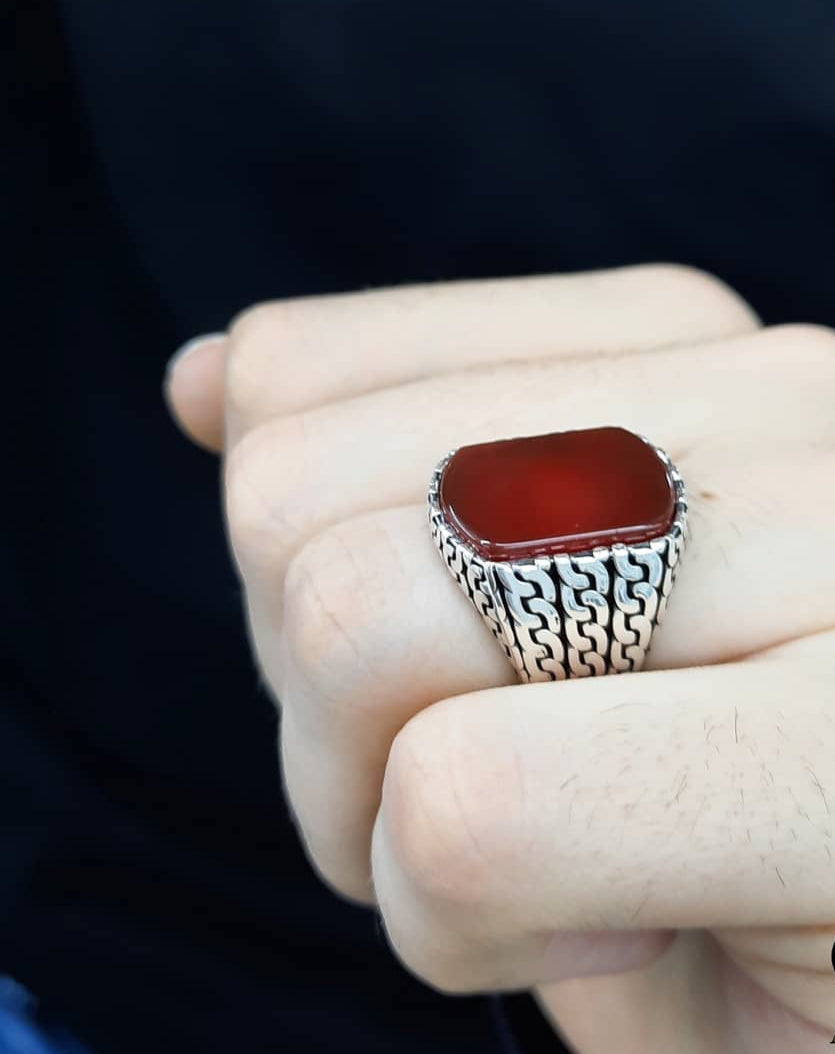 Gental Gems by Karat Kings | Unique Turkish  Style Ring with Natural Red Agate |  Sterling Silver Oxidized Ring