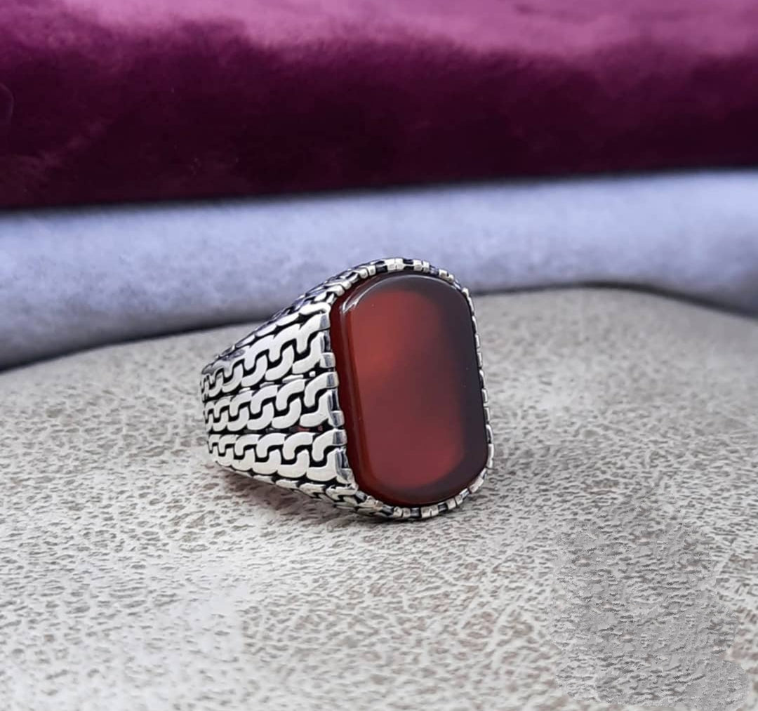 Gental Gems by Karat Kings | Unique Turkish  Style Ring with Natural Red Agate |  Sterling Silver Oxidized Ring