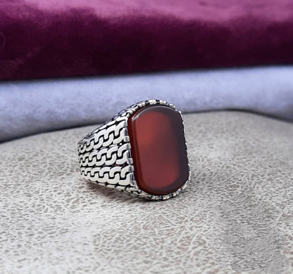 Gental Gems by Karat Kings | Unique Turkish  Style Ring with Natural Red Agate |  Sterling Silver Oxidized Ring