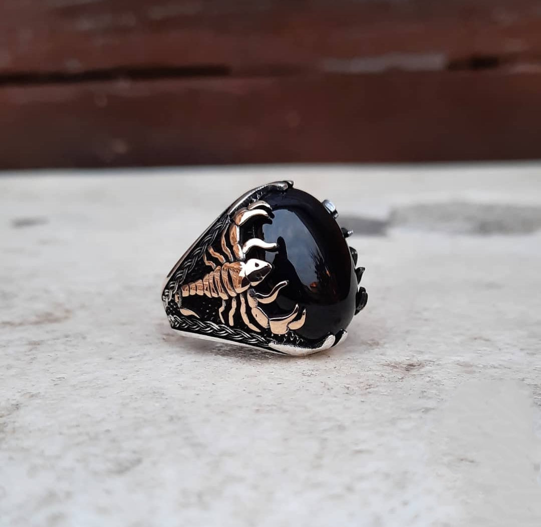 Gental Gems by Karat Kings | Unique Turkish Style Scorpion Ring with Natural Black Onyx (Cabochon) |  Sterling Silver Oxidized Zodiac Ring