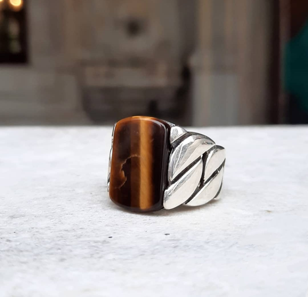Gental Gems by Karat Kings | Unique Turkish Braided Style Ring with Natural Tiger Eye |  Sterling Silver Oxidized Ring | Men's Jewelry | With Certificate of Authenticity and  Hallmark