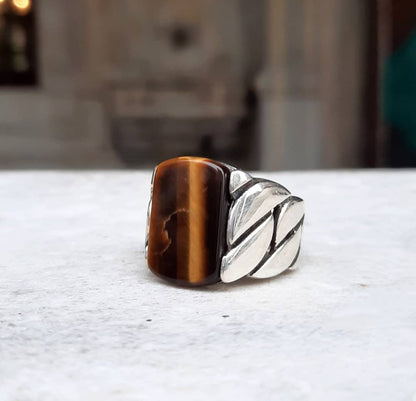 Gental Gems by Karat Kings | Unique Turkish Braided Style Ring with Natural Tiger Eye |  Sterling Silver Oxidized Ring | Men's Jewelry | With Certificate of Authenticity and  Hallmark