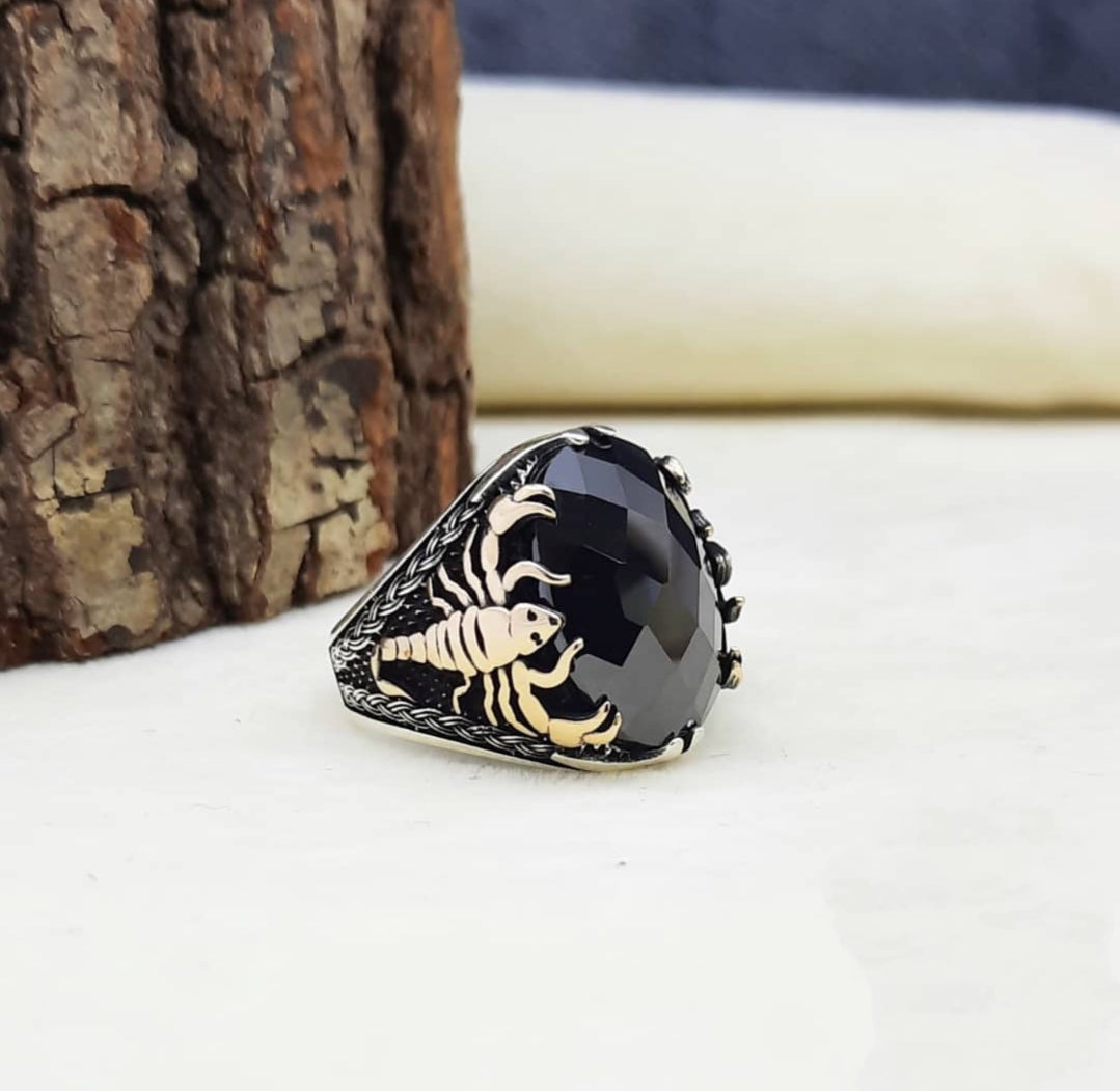 Gental Gems by Karat Kings | Unique Turkish Style Scorpion Ring with Faceted Black Zircon |  Sterling Silver Oxidized Zodiac Ring | Men's Jewelry | With Certificate of Authenticity and  Hallmark