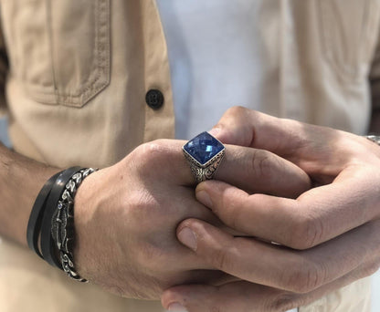 Gental Gems by Karat Kings | Unique Turkish Style Ring with Faceted Natural Blue Lapis Lazuli |  Sterling Silver Oxidized Ring | Men's Jewelry | With Certificate of Authenticity and  Hallmark