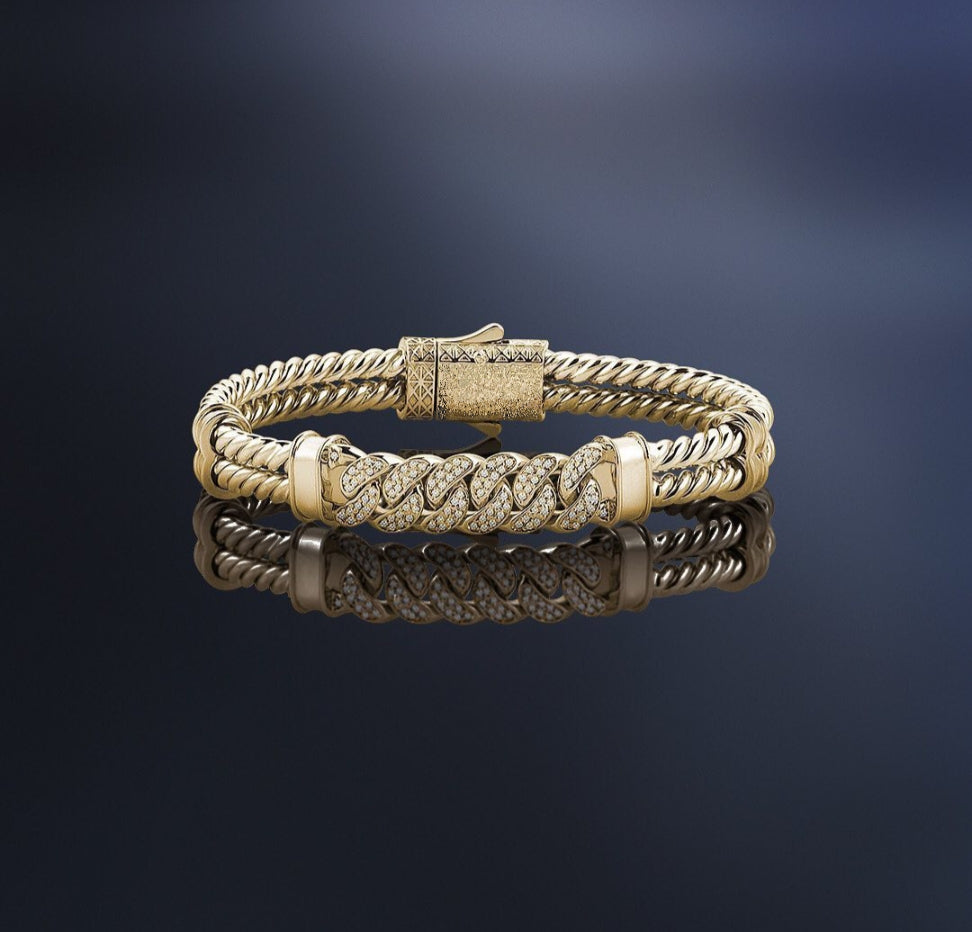 Gental Gems by Karat Kings | Exclusive Iced Cuban Links Twined Bangle Bracelet for Men,  Sterling Silver  Micron Gold Plated Bracelet