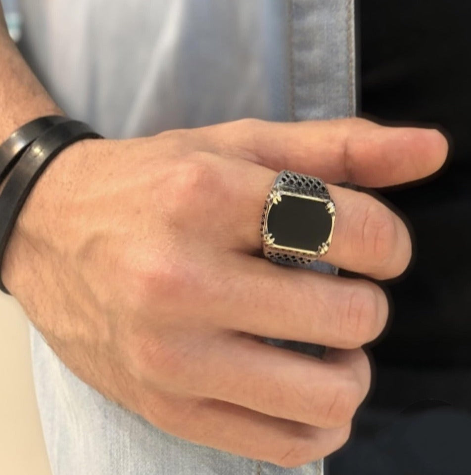 Gental Gems by Karat Kings | Unique Turkish Style Ring with Natural Black Onyx |  Sterling Silver Oxidized Ring