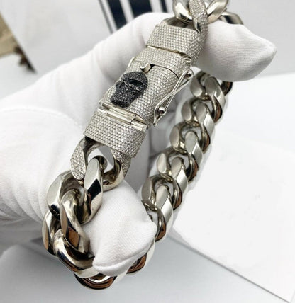 Gental Gems by Karat Kings | Unique 19mm High Polished Solid Miami Cuban Bracelet with Iced Skull Lock for Men |  Sterling Silver Bracelet