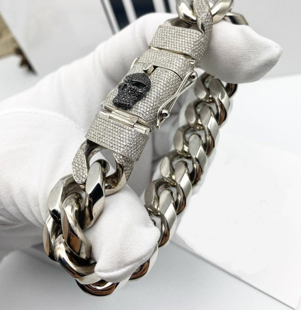 Gental Gems by Karat Kings | Unique 13mm High Polished Solid Miami Cuban Bracelet with Iced Skull Lock for Men |  Sterling Silver Bracelet