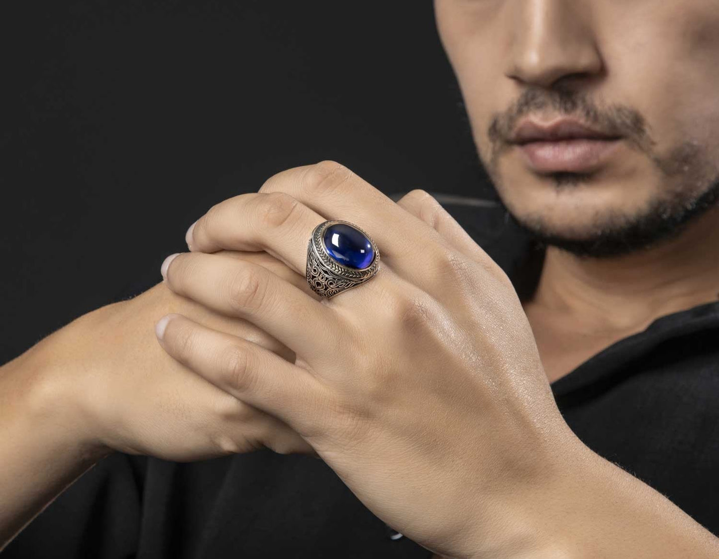 Gental Gems by Karat Kings | Unique Turkish Style Ring with Blue S Sapphire |  Sterling Silver Oxidized Ring | Men's Jewelry | With Certificate of Authenticity and  Hallmark