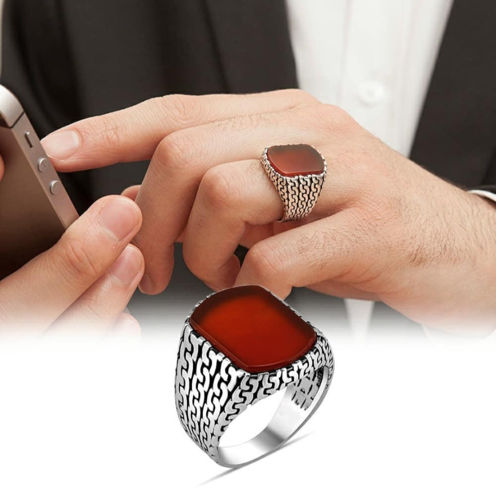 Gental Gems by Karat Kings | Unique Turkish  Style Ring with Natural Red Agate |  Sterling Silver Oxidized Ring