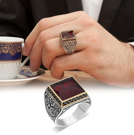 Gental Gems by Karat Kings | Unique Turkish Style Ring with Faceted S Ruby |  Sterling Silver Oxidized Ring | Men's Jewelry | With Certificate of Authenticity and  Hallmark