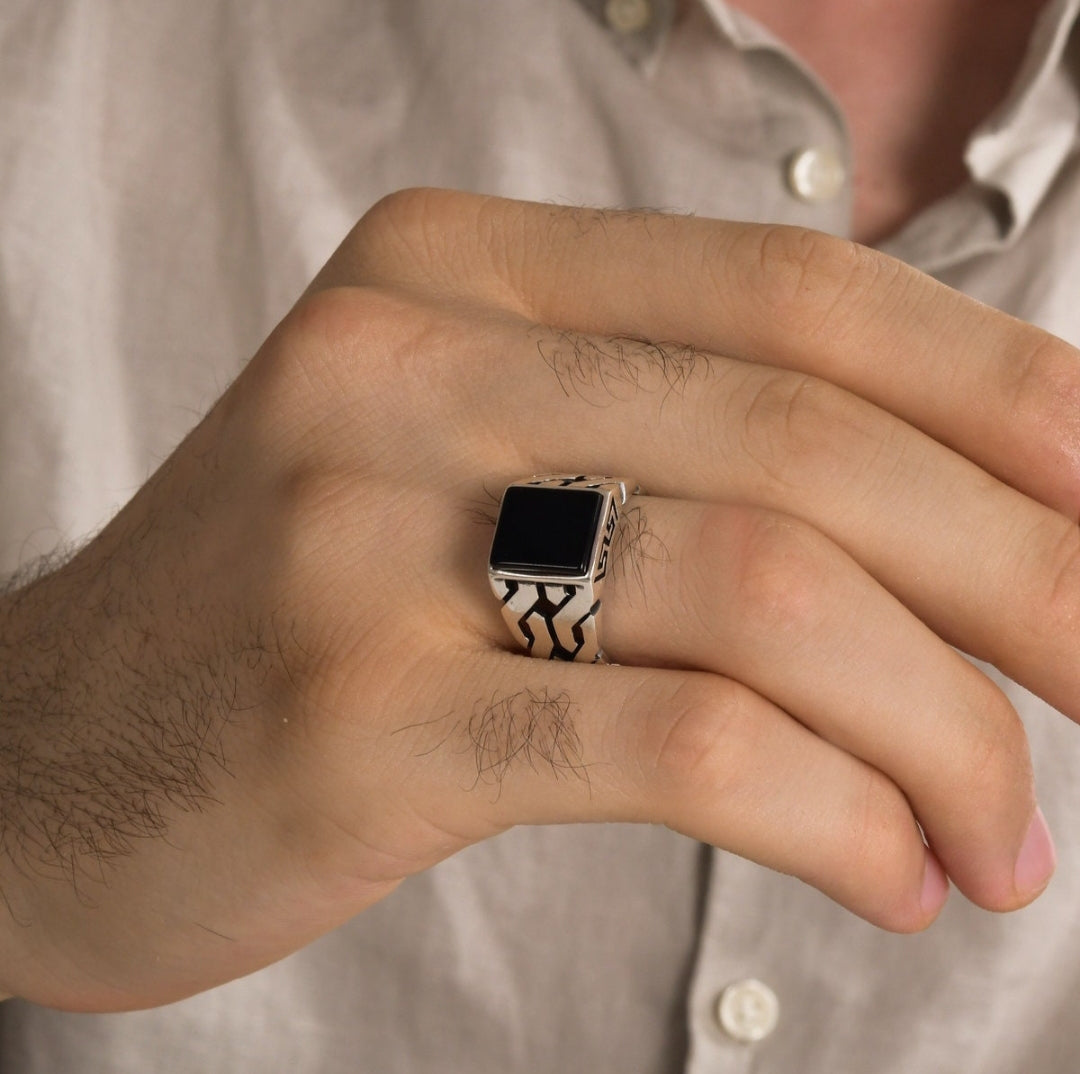 Gental Gems by Karat Kings | Unique Turkish  Style Ring with Natural Black Onyx |  Sterling Silver Oxidized Ring