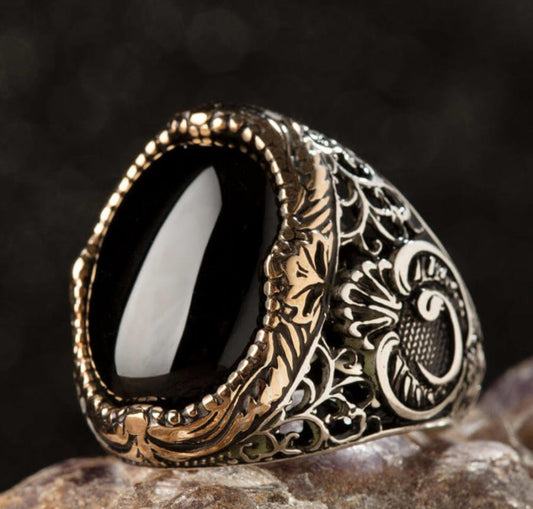Gental Gems by Karat Kings | Unique Turkish Style Ring with Natural Black Onyx |  Sterling Silver Oxidized Ring | Men's Jewelry | With Certificate of Authenticity and  Hallmark