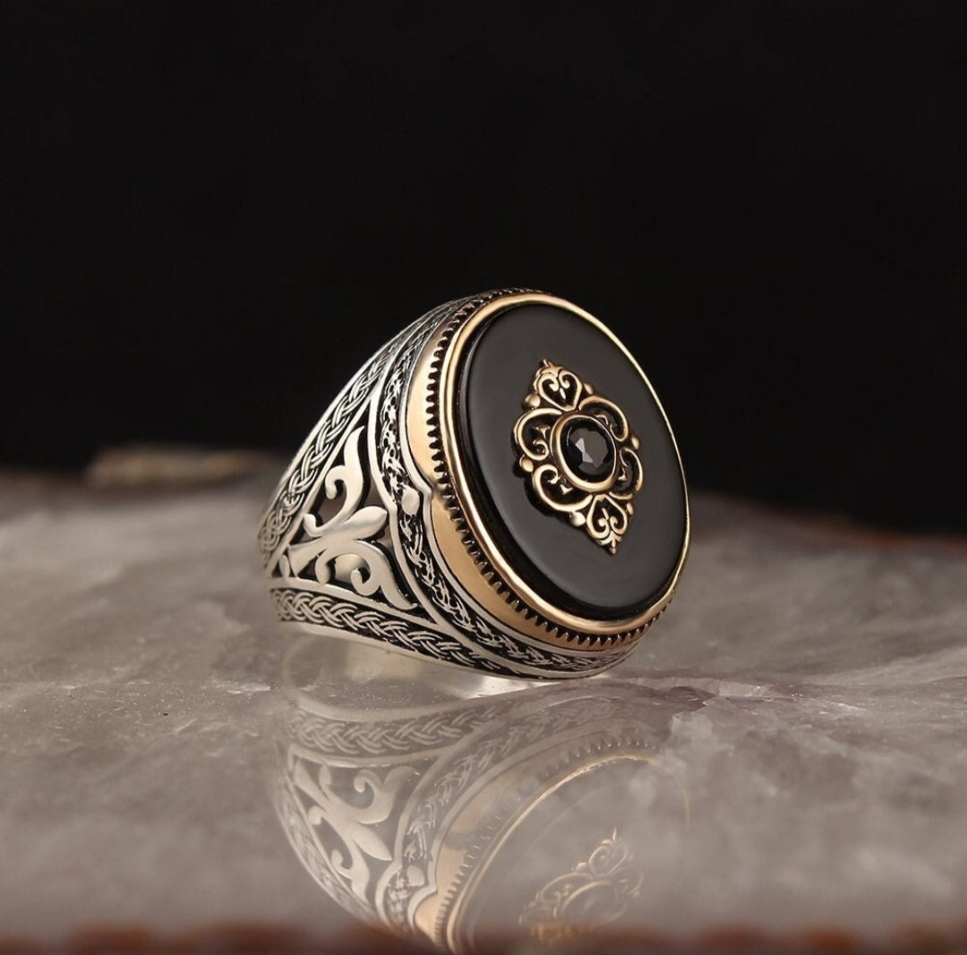 Gental Gems by Karat Kings | Unique Turkish Style Ring with Natural Black Onyx |  Sterling Silver Oxidized Ring | Men's Jewelry | With Certificate of Authenticity and  Hallmark