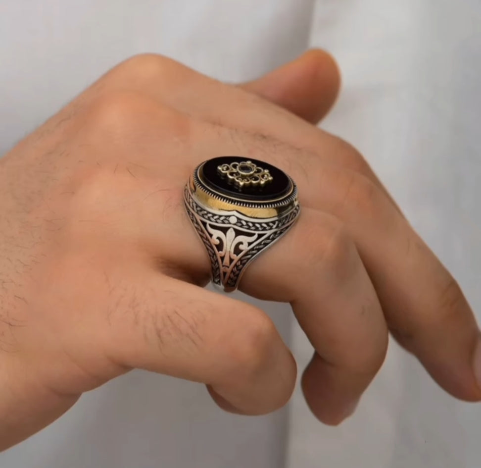 Gental Gems by Karat Kings | Unique Turkish Style Ring with Natural Black Onyx |  Sterling Silver Oxidized Ring | Men's Jewelry | With Certificate of Authenticity and  Hallmark