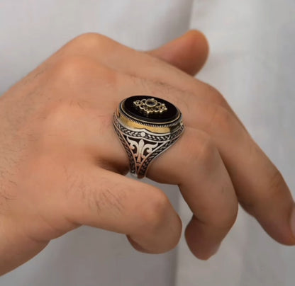 Gental Gems by Karat Kings | Unique Turkish Style Ring with Natural Black Onyx |  Sterling Silver Oxidized Ring | Men's Jewelry | With Certificate of Authenticity and  Hallmark