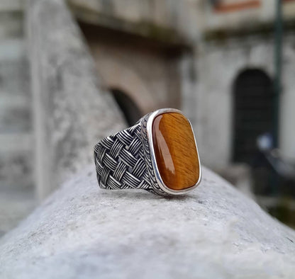 Gental Gems by Karat Kings | Unique Turkish Style Ring with Natural Tiger Eye |  Sterling Silver Oxidized Ring