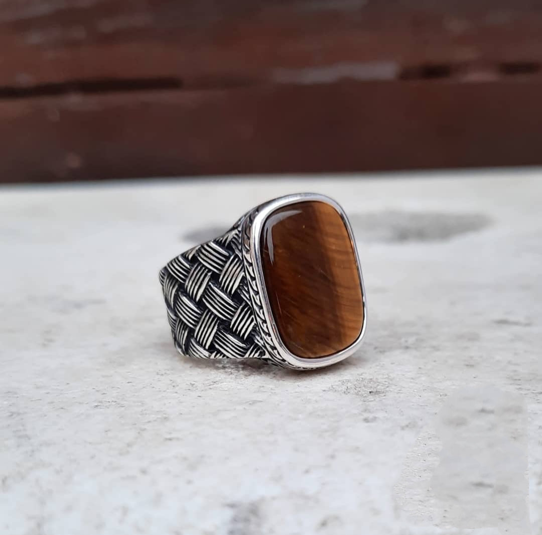 Gental Gems by Karat Kings | Unique Turkish Style Ring with Natural Tiger Eye |  Sterling Silver Oxidized Ring