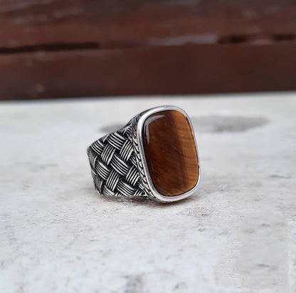 Gental Gems by Karat Kings | Unique Turkish Style Ring with Natural Tiger Eye |  Sterling Silver Oxidized Ring