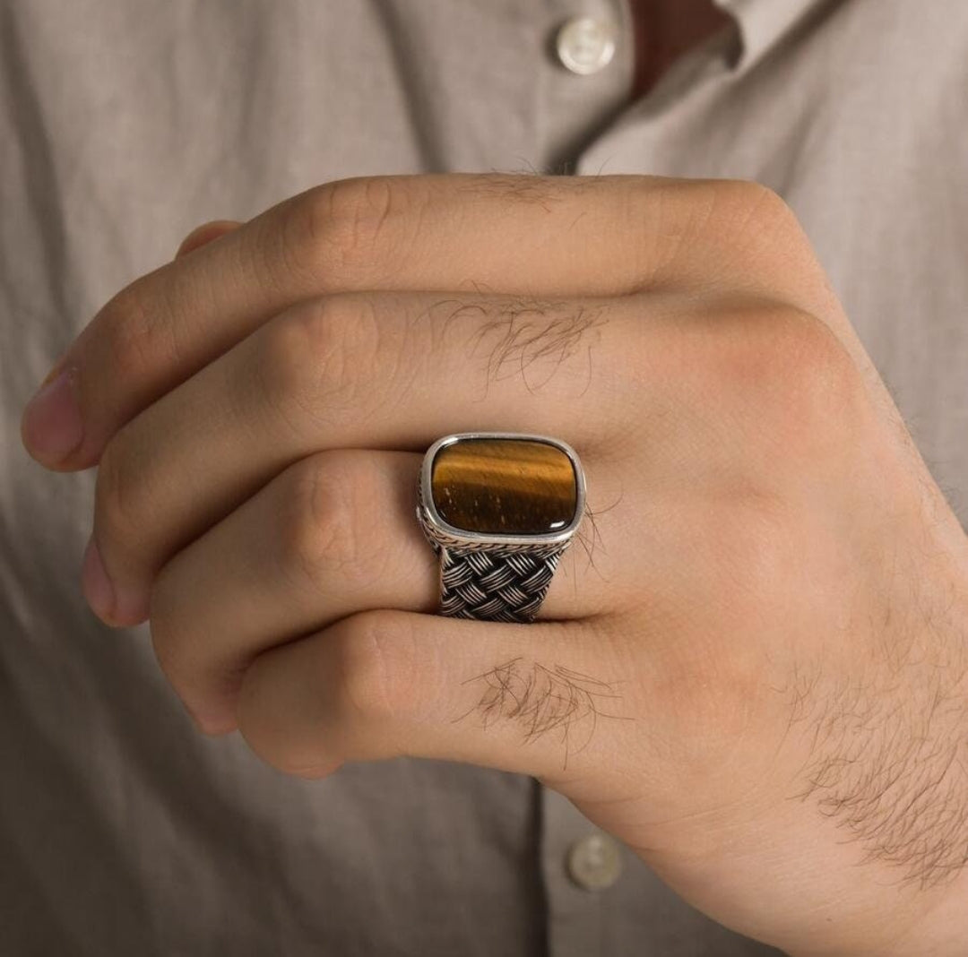Gental Gems by Karat Kings | Unique Turkish Style Ring with Natural Tiger Eye |  Sterling Silver Oxidized Ring