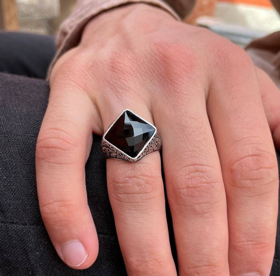Gental Gems by Karat Kings | Unique Turkish Style Ring with Faceted Natural Black Onyx |  Sterling Silver Oxidized Ring | Men's Jewelry | With Certificate of Authenticity and  Hallmark