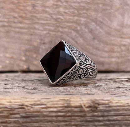 Gental Gems by Karat Kings | Unique Turkish Style Ring with Faceted Natural Black Onyx |  Sterling Silver Oxidized Ring | Men's Jewelry | With Certificate of Authenticity and  Hallmark