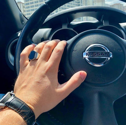 Gental Gems by Karat Kings | Unique Turkish Style Personalized Name Initial Ring with Natural Black Onyx |  Sterling Silver Oxidized Ring