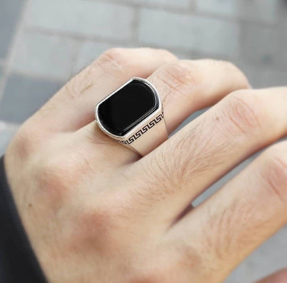Gental Gems by Karat Kings | Unique Turkish Style Personalized Name Initial Ring with Natural Black Onyx |  Sterling Silver Oxidized Ring
