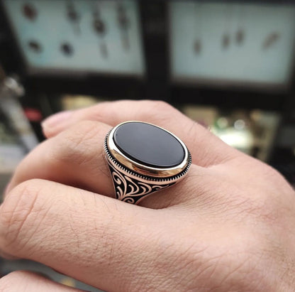 Gental Gems by Karat Kings | Unique Turkish Style Ring with Natural Black Onyx  |  Sterling Silver Oxidized Ring
