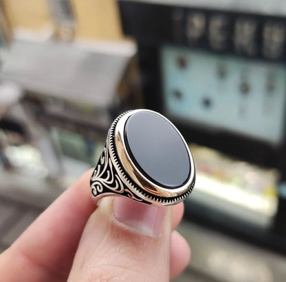 Gental Gems by Karat Kings | Unique Turkish Style Ring with Natural Black Onyx  |  Sterling Silver Oxidized Ring