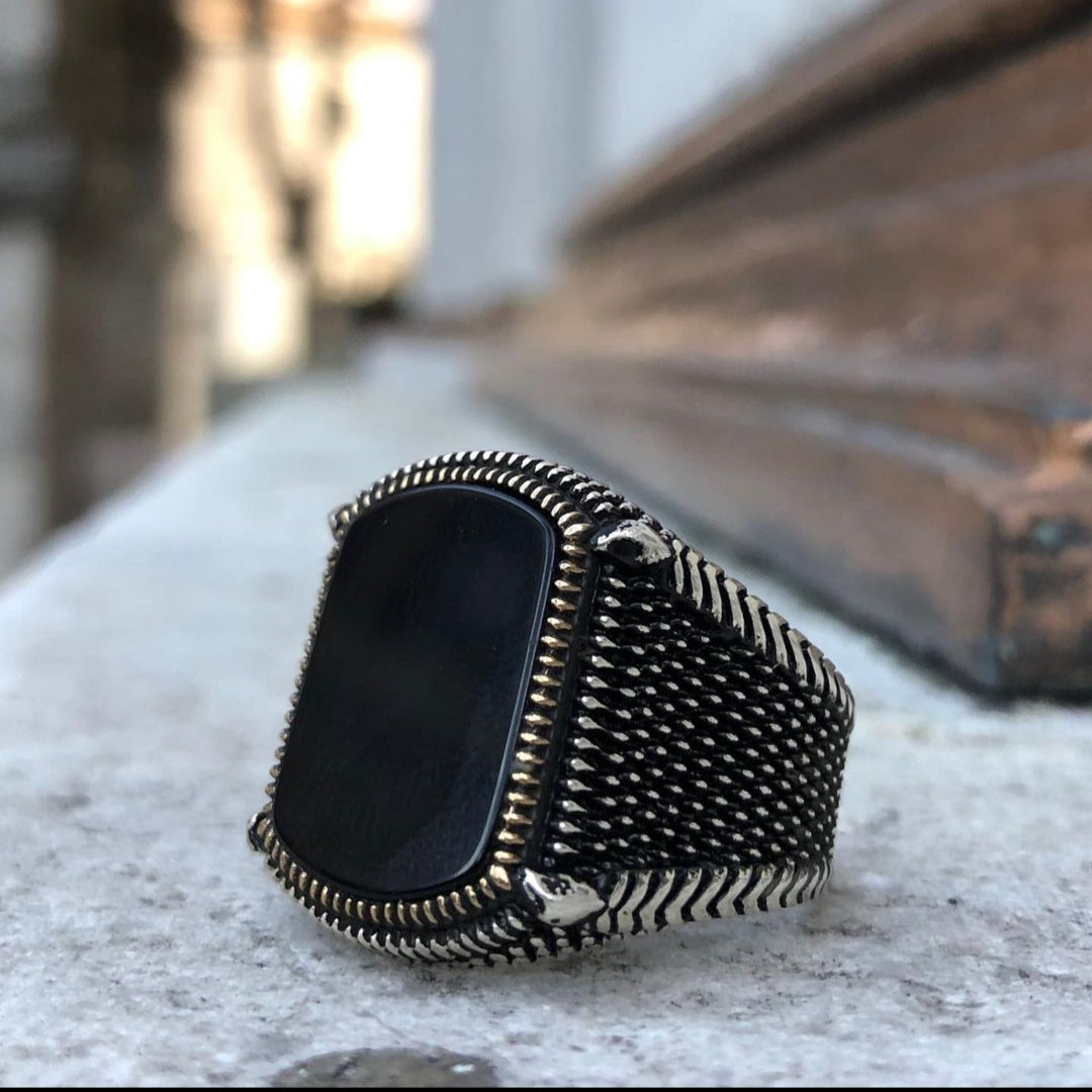 Gental Gems by Karat Kings | Unique Turkish Style Ring with Natural Black Onyx |  Sterling Silver Oxidized Ring