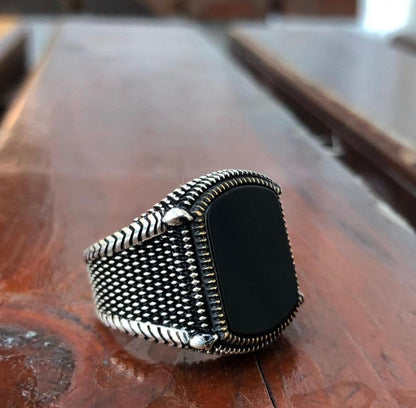 Gental Gems by Karat Kings | Unique Turkish Style Ring with Natural Black Onyx |  Sterling Silver Oxidized Ring