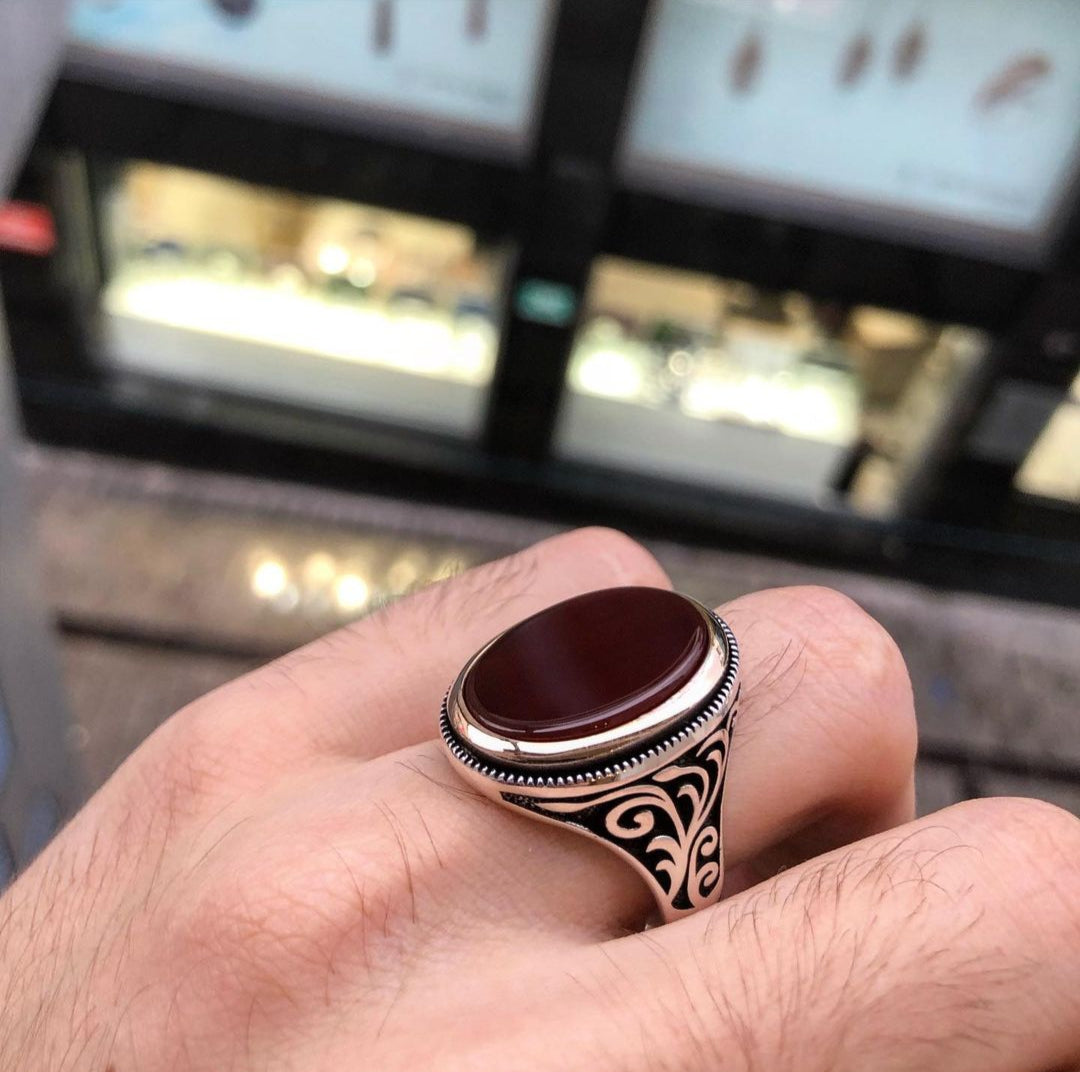 Gental Gems by Karat Kings | Unique Turkish Style Ring with Natural Red Agate  |  Sterling Silver Oxidized Ring | Men's Jewelry | With Certificate of Authenticity and  Hallmark