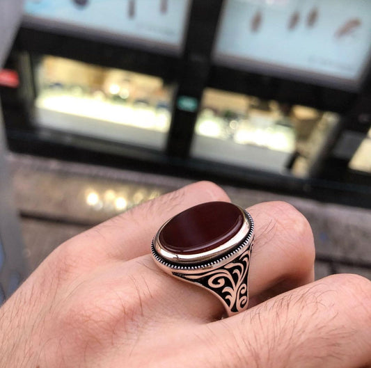 Gental Gems by Karat Kings | Unique Turkish Style Ring with Natural Red Agate  |  Sterling Silver Oxidized Ring | Men's Jewelry | With Certificate of Authenticity and  Hallmark