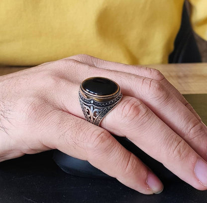 Gental Gems by Karat Kings | Unique Turkish Style Ring with Natural Black Onyx |  Sterling Silver Oxidized Ring | Men's Jewelry | With Certificate of Authenticity and  Hallmark