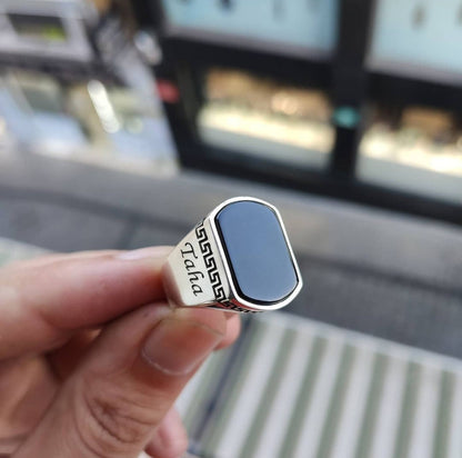 Gental Gems by Karat Kings | Unique Turkish Style Personalized Name Initial Ring with Natural Black Onyx |  Sterling Silver Oxidized Ring