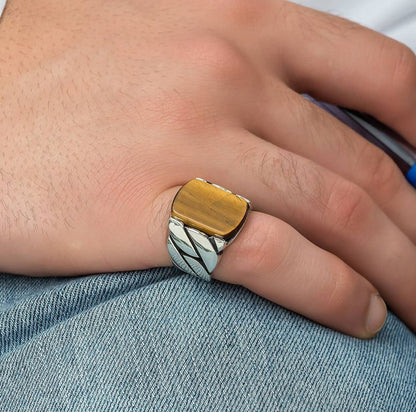 Gental Gems by Karat Kings | Unique Turkish Braided Style Ring with Natural Tiger Eye |  Sterling Silver Oxidized Ring | Men's Jewelry | With Certificate of Authenticity and  Hallmark