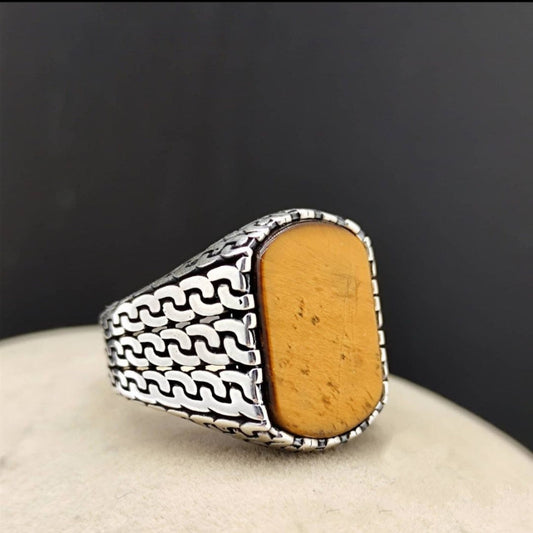 Gental Gems by Karat Kings | Unique Turkish  Style Ring with Natural Tiger Eye |  Sterling Silver Oxidized Ring