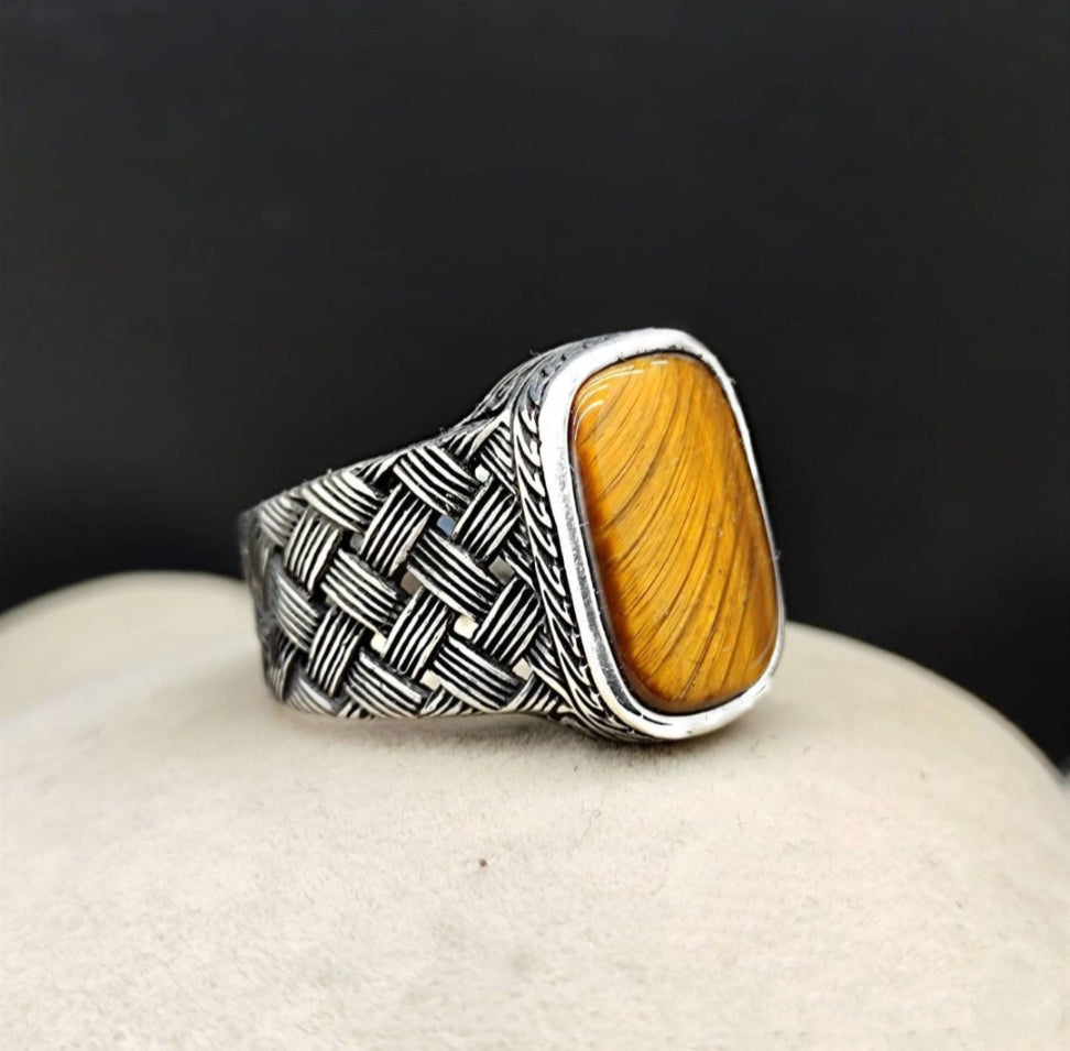 Gental Gems by Karat Kings | Unique Turkish Style Ring with Natural Tiger Eye |  Sterling Silver Oxidized Ring