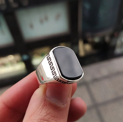 Gental Gems by Karat Kings | Unique Turkish Style Personalized Name Initial Ring with Natural Black Onyx |  Sterling Silver Oxidized Ring