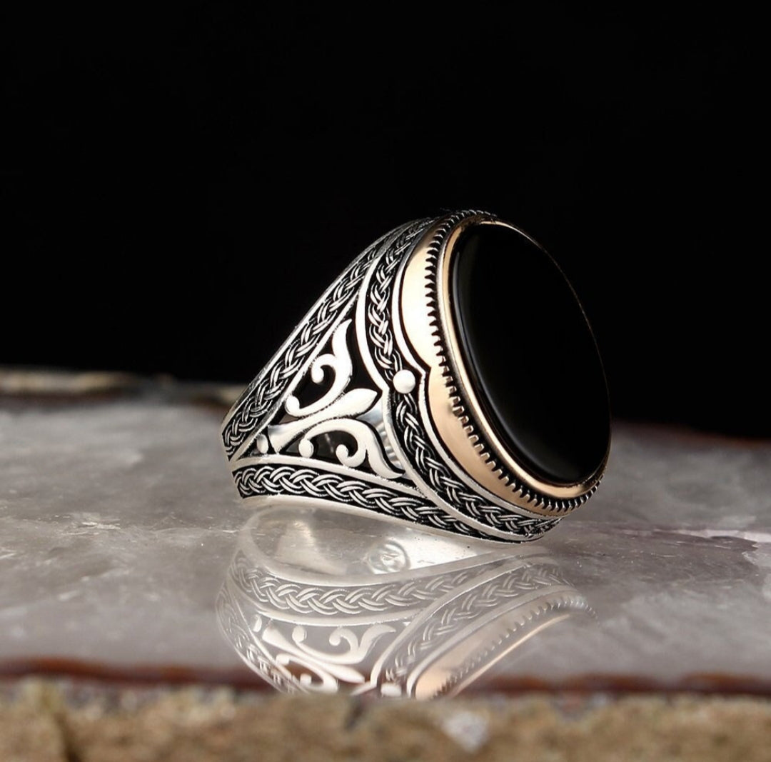 Gental Gems by Karat Kings | Unique Turkish Style Ring with Natural Black Onyx |  Sterling Silver Oxidized Ring | Men's Jewelry | With Certificate of Authenticity and  Hallmark
