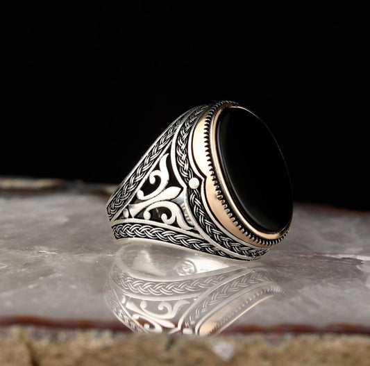 Gental Gems by Karat Kings | Unique Turkish Style Ring with Natural Black Onyx |  Sterling Silver Oxidized Ring | Men's Jewelry | With Certificate of Authenticity and  Hallmark